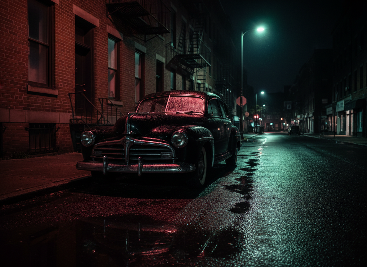 A rain-slicked South End side street at midnight, photographic realism. The main subject is a lone, vintage black sedan parked tight against a crumbling brick rowhouse, its chrome bumper and rounded fenders gleaming with scattered raindrops. Neon from an unseen bar sign bleeds crimson and sickly green across wet asphalt, reflecting in warped puddles along the cracked curb. Deep shadows swallow recessed doorways and rusted fire escapes, while a single streetlamp casts a harsh cone of light that dies before reaching the alley mouth. Shot at eye level with a long lens, the foreground glistens in sharp focus while distant storefronts dissolve into moody bokeh. The atmosphere is heavy, tense, and cinematic, hinting at secrets traded in the dark corners of this neighborhood.