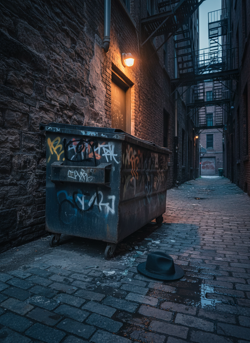 A narrow brick alley in the South End at predawn, photographic realism. The central focus is a dented metal dumpster pushed against an old stone wall, its surface tagged with peeling layers of paint and rust. Broken glass and a single crushed fedora-style shadow on the ground suggest recent trouble without showing any person. Faint blue-gray light seeps in from the alley’s far end, mixing with the amber glow of a flickering security light above a steel service door. Water drips from a dangling gutter, forming a small, rippling puddle that mirrors the crooked fire escapes overhead. Captured from a low-angle perspective, the alley feels claustrophobic, with converging lines leading deeper into darkness. The mood is foreboding and gritty, perfect for hard-boiled tales born from forgotten back ways.