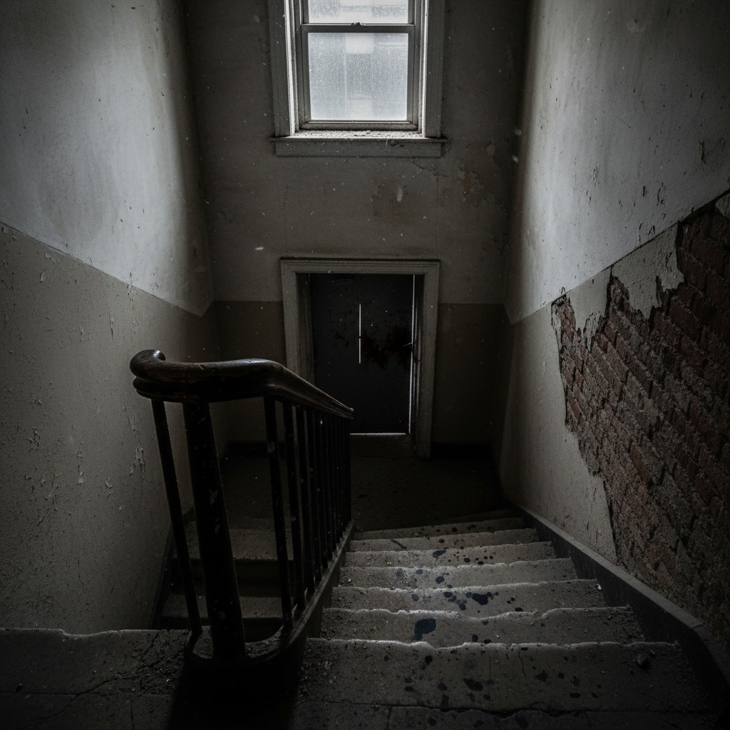 An old South End walk-up’s stairwell, rendered in stark photographic realism. The central subject is a worn wooden handrail, its dark varnish rubbed to a dull shine where countless hands have gripped it, splintered edges catching stray light. The stairs spiral downward into shadow, their cracked concrete treads marked by dark, irregular stains. A high, narrow window at the landing lets in dirty, overcast daylight that slants across peeling plaster and exposed brick, creating sharp, noir-like contrasts. At the far landing, a single, slightly ajar steel door reveals only a sliver of deeper darkness. Shot from an elevated angle looking down the staircase, the composition pulls the eye into the gloom. The mood is tense and investigative, suggesting the building itself is holding onto stories better left untold.