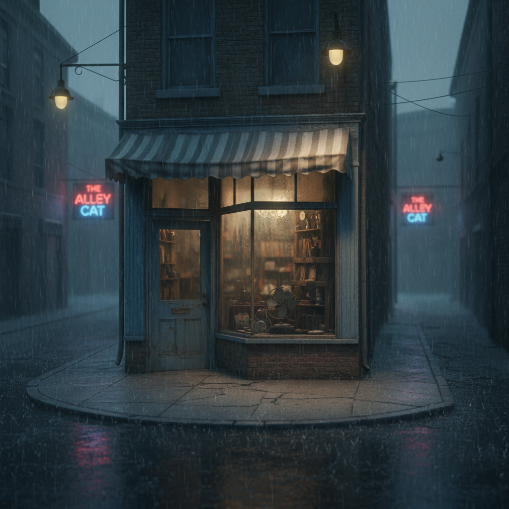 A South End corner storefront on a stormy evening, captured in moody photographic realism. The subject is a small, old-fashioned shop with a recessed entry, its painted wooden door slightly open, revealing a slice of dim interior light. The display window is cluttered with dusty objects and a lone oscillating fan, their silhouettes barely visible behind streaked glass. Outside, heavy rain pelts the awning and bounces off the cracked sidewalk, turning the street into a reflective sheet where distorted neon from a nearby bar sign shimmers. A sagging streetlight overhead throws a pale cone of light that fades into the encroaching gloom of intersecting alleys. Shot from across the street at a three-quarter angle, the scene feels like a threshold between ordinary life and the neighborhood’s darker undercurrent.